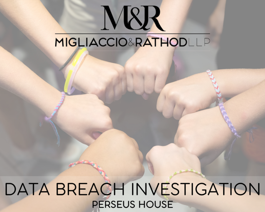 Graphic announcing the Perseus House data breach investigation, featuring the Migliaccio & Rathod LLP logo and a background image of kids with their fists together in a circle.