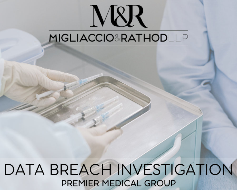 Graphic announcing the [Company Name] data breach investigation, featuring the Migliaccio & Rathod LLP logo and a background image of a medical professional handling medical tools.