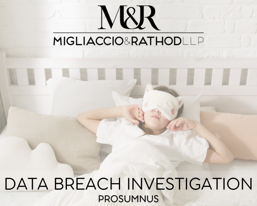 Graphic announcing the Prosumnus data breach investigation, featuring the Migliaccio & Rathod LLP logo and a background image of someone sleeping in bed.