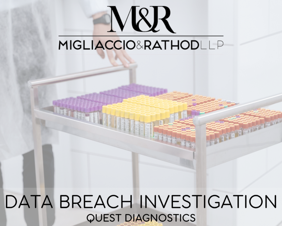 Graphic announcing the Quest Diagnostics data breach investigation, featuring the Migliaccio & Rathod LLP logo and a background image of test tubes in a lab.