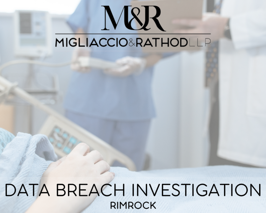 Graphic announcing the Rimrock data breach investigation, featuring the Migliaccio & Rathod LLP logo and a background image of a patient in a hospital room.