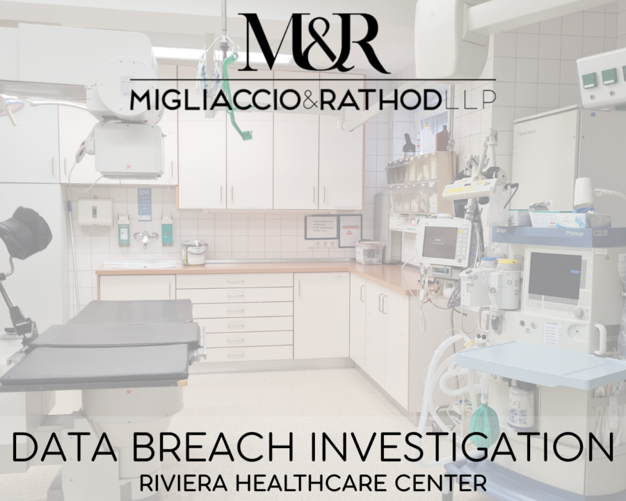 Graphic announcing the Riviera Healthcare Center data breach investigation, featuring the Migliaccio & Rathod LLP logo and a background image of a hospital operating room.