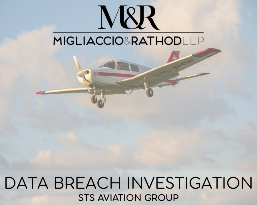 Graphic announcing the STS Aviation Group data breach investigation, featuring the Migliaccio & Rathod LLP logo and a background image of a plane against the sky.