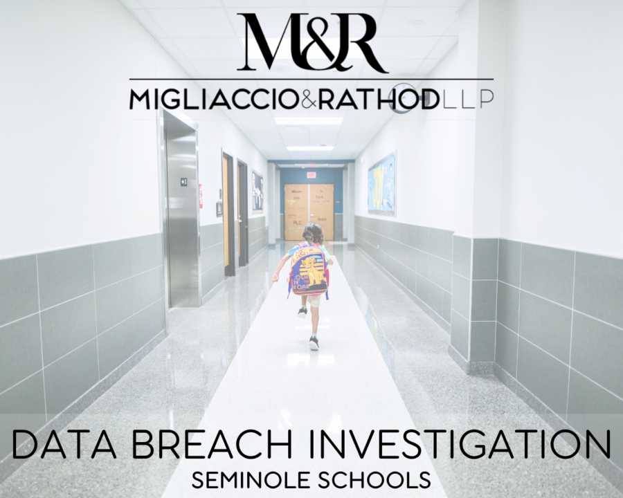 Graphic announcing the Seminole Schools data breach investigation, featuring the Migliaccio & Rathod LLP logo and a background image of a school hallway.