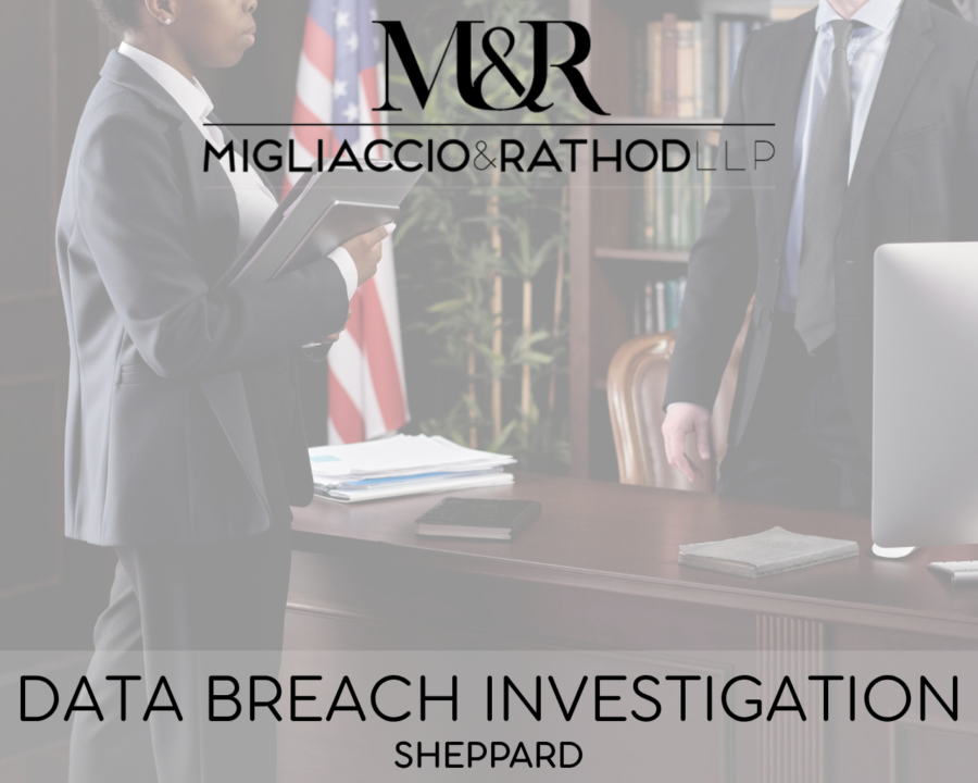 Graphic announcing the Sheppard data breach investigation, featuring the Migliaccio & Rathod LLP logo and a background image of two lawyers in an office.
