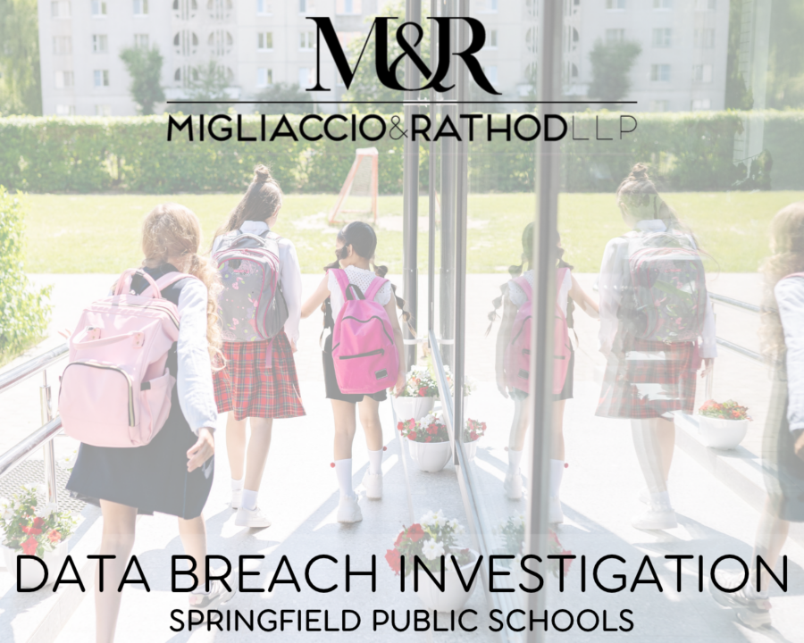 Graphic announcing the Springfield Public Schools data breach investigation, featuring the Migliaccio & Rathod LLP logo and a background image of kids wearing backpacks.