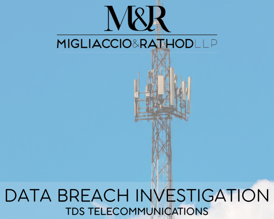 Graphic announcing the TDS Telecommunications data breach investigation, featuring the Migliaccio & Rathod LLP logo and a background image of a telecommunication tower in front of a blue sky.