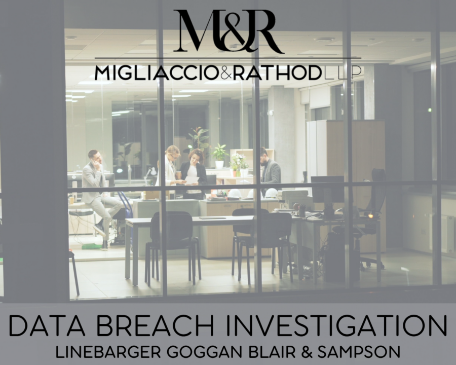 Graphic announcing the White & Case LLP data breach investigation, featuring the Migliaccio & Rathod LLP logo and a background image of lawyers through a window of a law firm.
